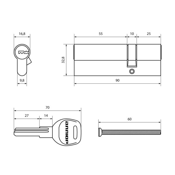 Цилиндр Аллюр HD F 90-5K, СР (25*10*55) 5 кл, хром, перф. кл/кл