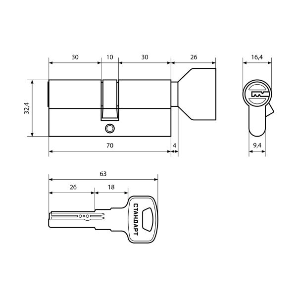 Цилиндр Стандарт Z.F.70B-5K (30x10x30B) SN 5кл перф.ключ/верт. (12/96)