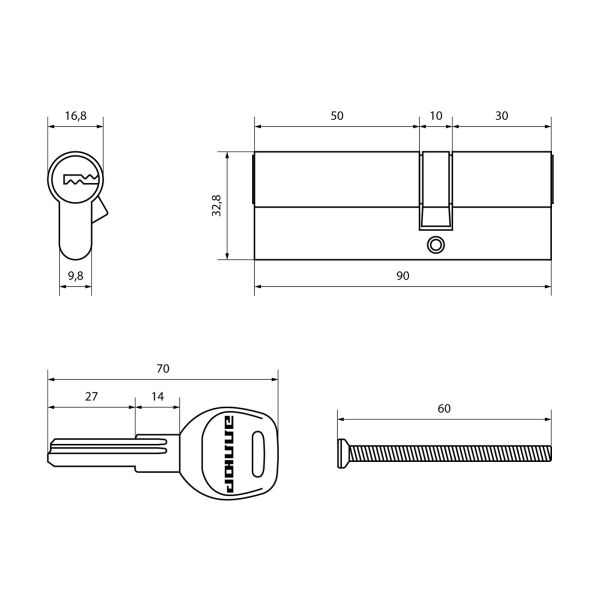 Цилиндр Аллюр HD F 90-5K, СР (30*10*50) 5 кл, хром, перф. кл/кл (блистер)