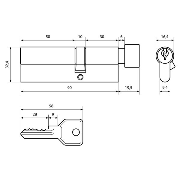 Цилиндр Стандарт Z.I.90B-5K (30Bx10x50) CP 5кл англ.ключ/верт. (12/120)