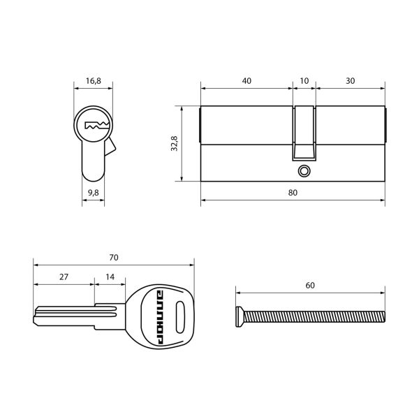 Цилиндр Аллюр HD F 80-5K, СР (30*10*40) 5 кл, хром, перф. кл/кл