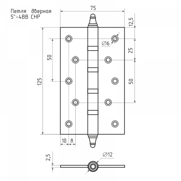 Петля дверная Нора-М 5-4ВВ CHP PB (латунь) универс. (125х75х2,5)